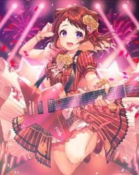 Rule 34 | 1girl, :d, arm up, bang dream!, blush, bracelet, breasts, brown hair, cone hair bun, dress, fingernails, flower, full body, guitar, hair bun, hair flower, hair ornament, hair ribbon, highres, holding, instrument, jewelry, jumping, kinty, looking at viewer, medium breasts, open mouth, purple eyes, ribbon, rose, shoes, short hair, smile, solo, stage, stage lights, toyama kasumi, wind, yellow flower, yellow rose