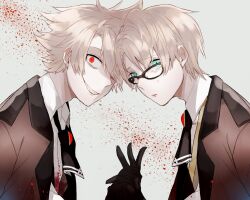 Rule 34 | 2boys, aqua eyes, ascot, black ascot, black gloves, blonde hair, blood, blood on clothes, blood splatter, brooch, brown jacket, collared shirt, commentary, crazy eyes, dual persona, evil grin, evil smile, fate/grand order, fate (series), from side, glasses, gloves, grey background, grey vest, grin, hair between eyes, holding hands, interlocked fingers, jacket, jacket on shoulders, jekyll and hyde (fate), jewelry, looking at viewer, looking to the side, male focus, multiple boys, parted bangs, red eyes, saigokukun, shirt, short hair, smile, splatter background, tears, vest, white shirt