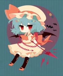 Rule 34 | 1girl, argyle, argyle clothes, argyle legwear, ascot, bat (animal), bat wings, black thighhighs, black wings, blouse, blue background, blue hair, bow, female focus, haru (kyou), hat, hat bow, large bow, looking at viewer, polearm, puffy sleeves, red eyes, remilia scarlet, shirt, short hair, skirt, skirt set, solo, spear, spear the gungnir, striped, striped background, thighhighs, touhou, weapon, wings, zettai ryouiki