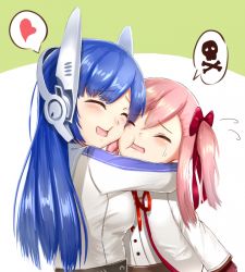 Rule 34 | 2girls, aged down, artist request, blue hair, blush, cheek-to-cheek, commentary request, girls&#039; frontline, glomp, heads together, heart, hug, multiple girls, negev (girls&#039; frontline), pink hair, skull and crossbones, speech bubble, tar-21 (girls&#039; frontline)