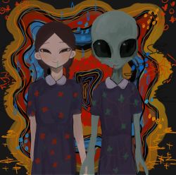 Rule 34 | 000v666, 1girl, 1other, alien, black eyes, blood, blue dress, braid, brown hair, closed mouth, colored blood, colorful, dress, floral print, green blood, highres, holding hands, looking at viewer, multicolored background, original, short sleeves, smile, twin braids, upper body
