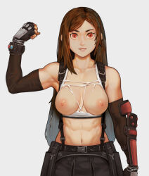 Rule 34 | 1girl, abs, bare shoulders, biceps, black skirt, breasts, brown hair, cleavage, commentary, crop top, effy neprin, elbow gloves, elbow pads, english commentary, final fantasy, final fantasy vii, fingerless gloves, gloves, large breasts, light areolae, long hair, looking at viewer, materia, midriff, navel, nipples, red eyes, red footwear, shirt, skirt, smile, solo, suspender skirt, suspenders, suspenders gap, tank top, taut clothes, taut shirt, tifa lockhart, torn clothes, torn shirt, white tank top