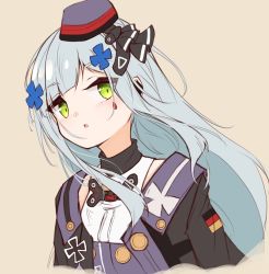 Rule 34 | 1girl, black jacket, blush, brown background, cropped torso, dress, facial mark, garrison cap, german flag, girls&#039; frontline, green eyes, grey hair, hair ornament, hat, highres, hk416 (girls&#039; frontline), hk416 (mod3) (girls&#039; frontline), jacket, long hair, looking at viewer, matsuo (matuonoie), official alternate costume, open clothes, open jacket, parted lips, purple dress, purple hat, simple background, solo, tilted headwear, upper body, very long hair