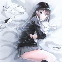 Rule 34 | 1girl, :3, :o, absurdres, artist name, ass, bed sheet, black socks, black sweater, bright pupils, cable, cellphone, earphones, feet out of frame, from above, from side, grey skirt, highres, idolmaster, idolmaster cinderella girls, kayakooooo, kneehighs, long hair, long sleeves, looking at viewer, looking to the side, lying, miniskirt, hugging object, on side, parted lips, phone, pleated skirt, shibuya rin, skirt, smartphone, socks, straight hair, stuffed animal, stuffed rabbit, stuffed toy, sweater, thighs