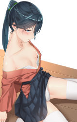 Rule 34 | 1girl, bad id, bad twitter id, blue eyes, blue hair, blue hakama, blush, breasts, collarbone, hair between eyes, hakama, hakama short skirt, hakama skirt, high ponytail, highres, hip vent, houshou (kancolle), japanese clothes, kantai collection, looking at viewer, off shoulder, open mouth, pallad, parted lips, ponytail, simple background, sitting, skindentation, skirt, solo, wariza, white legwear