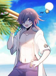 Rule 34 | 1boy, :d, absurdres, blue sky, blurry, collarbone, commentary request, cowboy shot, danganronpa (series), danganronpa s: ultimate summer camp, danganronpa v3: killing harmony, day, hair between eyes, highres, holding, holding water gun, jacket, looking at viewer, male focus, male swimwear, navel, nipples, ocean, one eye closed, open clothes, open jacket, open mouth, open shirt, oma kokichi, outdoors, palm leaf, pants, pink male swimwear, purple eyes, purple male swimwear, purple pants, purple swim trunks, qiao xing, see-through, shirt, sky, smile, solo, star symbol, sun, swim trunks, swimsuit, teeth, upper teeth only, water gun, white jacket
