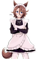 Rule 34 | 1girl, alternate costume, animal ears, black bow, black bowtie, black dress, blush, bow, bowtie, brown hair, closed mouth, commentary request, crossed arms, dress, enmaided, frilled dress, frills, hair between eyes, highres, horse ears, horse girl, horse tail, long sleeves, maid, maid headdress, miya nns35, narita taishin (umamusume), pantyhose, short hair, simple background, smile, solo, tail, umamusume, white background, white pantyhose