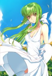 Rule 34 | 1girl, arms behind back, bare shoulders, blue sky, blush, breasts, c.c., cleavage, code geass, collarbone, creayus, day, dress, flower, green hair, hair ribbon, long hair, looking at viewer, low twintails, medium breasts, outdoors, parted lips, ribbon, sky, sleeveless, sleeveless dress, solo, standing, sundress, sunflower, twintails, white dress, wind, wind lift, yellow eyes