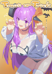 Rule 34 | 1girl, absurdres, bb (fate), bb (fate/extra), blush, bolt (hardware), breasts, claw pose, cleavage, collarbone, facial mark, fate/extra, fate/extra ccc, fate (series), flying sweatdrops, hair ribbon, halloween, highres, large breasts, long hair, looking at viewer, nox13, open mouth, orange ribbon, purple eyes, purple hair, ribbon, shirt, thighhighs, thighs, very long hair, white shirt