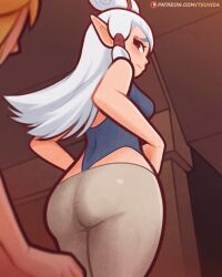 Rule 34 | 1girl, animated, animated gif, ass, blush, breasts, brown eyes, english text, hair ornament, highres, impa, large breasts, link, long hair, nintendo, no panties, paya (zelda), the legend of zelda, the legend of zelda: breath of the wild, tsuvida, undressing, white hair