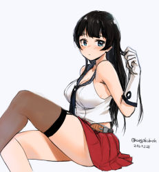 Rule 34 | 1girl, agano (kancolle), asymmetrical legwear, black hair, black necktie, black sailor collar, commentary request, dated, feet out of frame, garter straps, gloves, green eyes, invisible chair, kangoku kou, kantai collection, long hair, midriff, necktie, one-hour drawing challenge, pleated skirt, red skirt, sailor collar, school uniform, serafuku, shirt, simple background, single thighhigh, sitting, skirt, sleeveless, sleeveless shirt, solo, thighhighs, twitter username, uneven legwear, white background, white gloves