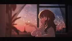 Rule 34 | 1girl, blinking, blouse, brown hair, curtains, highres, hmng, looking to the side, moon, plant, shirt, white shirt, window