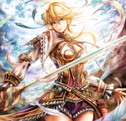 Rule 34 | 1girl, blonde hair, blue eyes, breasts, coat, cowboy shot, day, earrings, falcom, feathers, frills, hair between eyes, head tilt, holding, holding sword, holding weapon, jewelry, laxia (ys), long hair, looking at viewer, medium breasts, outdoors, short shorts, shorts, solo, standing, sword, weapon, ys, ys viii lacrimosa of dana