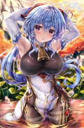 Rule 34 | 1girl, ahoge, armpits, arms up, bare shoulders, bell, black pantyhose, blue hair, blush, breasts, chinese knot, covered navel, detached sleeves, flower knot, ganyu (genshin impact), genshin impact, gold trim, horns, large breasts, lily pad, long hair, looking at viewer, neck bell, outdoors, pantyhose, parted lips, purple eyes, sidelocks, signature, solo, standing, thighlet, unohana pochiko, vision (genshin impact), water, wet, wet clothes, wet hair, white sleeves