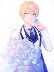 Rule 34 | 1boy, absurdres, ahoge, aqua eyes, arthur pendragon (fate), arthur pendragon (white rose) (fate), bad id, bad pixiv id, blonde hair, blue necktie, bouquet, closed mouth, collared shirt, fate/grand order, fate (series), flower, formal, highres, holding, holding bouquet, holding flower, jacket, light particles, long sleeves, looking at viewer, male focus, miyuki (miyuki0529), necktie, open clothes, open jacket, petals, rose, rose petals, shirt, smile, solo, star (symbol), striped clothes, striped shirt, suit, upper body, vertical-striped clothes, vertical-striped shirt, white background, white flower, white jacket, white rose, wing collar