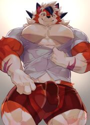 Rule 34 | 1boy, absurdres, blonde hair, bulge, colored sclera, covered testicles, creatures (company), dog boy, furrification, furry, game freak, gen 7 pokemon, highres, lycanroc, male focus, muscular, muscular male, nintendo, no nipples, open clothes, open shirt, orange eyes, pectoral cleavage, pectorals, pokemon, pokemon (creature), scar, solo, tos tos f ski