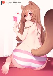 Rule 34 | 1girl, animal ears, artist name, ass, barefoot, blush, bow, brown hair, closed mouth, condom, condom wrapper, dimples of venus, feet, from behind, hair bow, heart, holding, holding condom, long hair, looking at viewer, looking back, nanoless, panties, patreon username, raccoon ears, raccoon girl, raccoon tail, raphtalia, red eyes, smile, solo, striped clothes, striped panties, tail, tate no yuusha no nariagari, topless, underwear, white bow