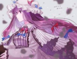 Rule 34 | 1girl, blue ribbon, blurry, book, cape, coat, collar, commentary request, dated, frilled collar, frills, grey background, hair ribbon, hat, hat ribbon, holding, holding book, ice (aitsugai), long hair, long sleeves, mob cap, parted lips, patchouli knowledge, purple eyes, purple hair, red ribbon, ribbon, solo, striped, touhou, twitter username, upper body, vertical stripes, very long hair