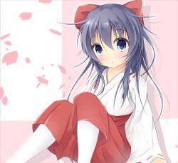 Rule 34 | 1girl, :o, akatsuki (kancolle), alternate costume, blue eyes, blush, bow, cherry blossoms, commentary request, hair between eyes, hair bow, hakama, hakama skirt, head tilt, japanese clothes, kantai collection, kushida you, long hair, long sleeves, looking at viewer, miko, pantyhose, parted lips, petals, purple hair, red bow, red hakama, red ribbon, ribbon, ribbon-trimmed sleeves, ribbon trim, sitting, skirt, solo, white pantyhose, wide sleeves