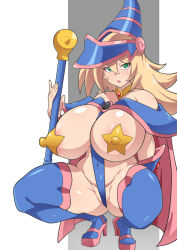 Rule 34 | 1girl, ass, blonde hair, breasts, covered erect nipples, dark magician girl, dd (giogio99), full body, high heels, huge breasts, leotard, long hair, magical girl, partially visible vulva, pasties, shiny skin, solo, squatting, thong leotard, very long hair, wide hips, yu-gi-oh!