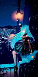 Rule 34 | 1girl, absurdres, black dress, black footwear, blue eyes, blue hair, braid, breasts, city, cloud9, commentary, crown braid, curtains, depths (vtuber), dress, english commentary, fence, floating hair, from side, high heels, highres, jewelry, lamppost, long hair, looking at viewer, medium breasts, melty (corolla), night, power lines, ring, second-party source, sitting, smile, solo, star (sky), virtual youtuber, watch, wristwatch