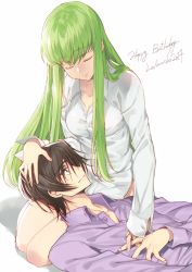 Rule 34 | 1boy, 1girl, brown hair, c.c., character name, closed eyes, closed mouth, code geass, collared shirt, creayus, dated, english text, facing viewer, fingernails, grey hair, happy birthday, lap pillow, lelouch vi britannia, long hair, long sleeves, lying, on back, purple eyes, purple shirt, shirt, simple background, sitting, smile, white background, white shirt, wing collar
