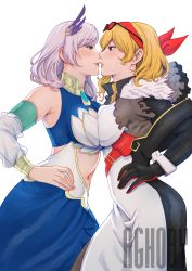 Rule 34 | 2girls, absurdres, aghoby, blonde hair, blue eyes, blush, breast contest, breast press, breasts, eye contact, eyebrows hidden by hair, eyewear on head, gloves, grin, half-closed eyes, hand on own hip, highres, hololive, hololive indonesia, imminent kiss, kaela kovalskia, large breasts, lips, looking at another, midriff, multiple girls, naughty face, navel, neck, pavolia reine, red eyes, serious, short hair, simple background, smile, standing, symmetrical docking, virtual youtuber, white background, yuri