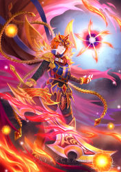 Rule 34 | armor, armored boots, boots, brave frontier, crown, farlon, fingerless gloves, fire, gloves, hair ornament, holding, holding sword, holding weapon, looking at viewer, orange hair, red eyes, short hair, sword, vayreceane, weapon, wings
