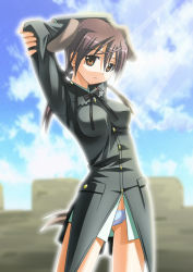 Rule 34 | 00s, 1girl, arms up, blue sky, breasts, brown eyes, brown hair, cloud, contrapposto, cowboy shot, day, gertrud barkhorn, long sleeves, looking at viewer, medium breasts, military, military uniform, sky, solo, standing, stretching, strike witches, umekichi, uniform, world witches series