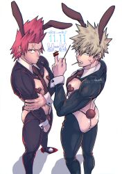 Rule 34 | 2boys, absurdres, anger vein, angry, animal ears, ass, bakugou katsuki, black male underwear, blonde hair, boku no hero academia, covered erect nipples, food, food in mouth, high heels, highres, holding, holding food, holding pocky, kirishima eijirou, large pectorals, male focus, male playboy bunny, male underwear, middle finger, multiple boys, muscular, muscular male, navel, necktie, pectorals, pocky, pocky day, pocky in mouth, rabbit ears, rabbit tail, red eyes, red hair, short hair, souta (souta440), spiked hair, tail, thick thighs, thighs, thong, underwear, wrist cuffs
