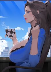 Rule 34 | 1girl, alios arvin, black bra, blue eyes, blue shirt, blue sky, bra, bra peek, breasts, brown hair, chair, cloud, cup, from side, hand in own hair, hand up, highres, holding, holding cup, indoors, inoue iris (sdustz), large breasts, lips, lipstick, long hair, makeup, mature female, on chair, original, paid reward available, parted lips, ponytail, red lips, shirt, sitting, sky, solo, teacup, underwear, window