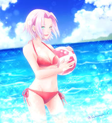 Rule 34 | 1girl, :d, ball, beachball, bikini, blue sky, blurry, blurry background, breasts, cleavage, cloud, collarbone, cowboy shot, day, gluteal fold, green eyes, groin, hair intakes, halterneck, haruno sakura, highres, holding, holding ball, lens flare, mochiii-s, naruto (series), naruto shippuuden, navel, ocean, open mouth, outdoors, pink hair, red bikini, red ribbon, ribbon, short hair, side-tie bikini bottom, sky, small breasts, smile, solo, sparkle, standing, summer, swimsuit, twitter username
