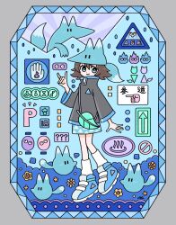 Rule 34 | 1girl, ?, ??, animal hat, aqua eyes, arm at side, arrow (symbol), black shirt, blue border, blue footwear, blue skirt, blush stickers, border, bright pupils, brown hair, closed mouth, commentary request, creature, dot nose, fire, flipped hair, fox, fox hat, fox shadow puppet, full body, garouma, hand up, hat, high collar, highres, knees together feet apart, leaf, limited palette, long sleeves, looking at viewer, loose socks, mountain, onsen symbol, original, print skirt, shirt, shoes, short hair, signature, skirt, smile, sneakers, socks, solo, sunburst, toilet symbol, translation request, triangle print, white pupils, white socks, wide sleeves, zipper pull tab