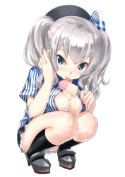 Rule 34 | 10s, 1girl, alternate costume, beret, black hat, black skirt, black socks, blue eyes, blush, breasts, cleavage, collared shirt, dress shirt, dripping, employee uniform, eyebrows, eyelashes, food, food between breasts, food on body, frills, full body, hair ornament, hand in own hair, hand up, hat, high heels, highres, holding, holding food, ice cream, kantai collection, kashima (kancolle), kneehighs, large breasts, lawson, licking, long hair, looking at viewer, melting, miniskirt, panties, pantyshot, pleated skirt, rin2008, saliva, shirt, shoes, short sleeves, silver hair, simple background, skirt, smile, socks, solo, squatting, striped clothes, striped shirt, tareme, tucking hair, two side up, underwear, uniform, upskirt, vertical-striped clothes, vertical-striped shirt, white panties