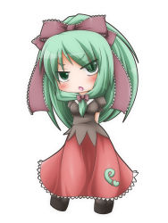 Rule 34 | 1girl, blush, bow, despairy4944, female focus, front ponytail, green eyes, green hair, hair bow, highres, kagiyama hina, long hair, matching hair/eyes, open mouth, puffy sleeves, short sleeves, solo, touhou, white background