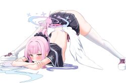 Rule 34 | alternate costume, alternate hairstyle, black scrunchie, black shirt, blue archive, blush, cross-laced footwear, daran9, feathered wings, full body, hair ornament, hair scrunchie, highres, jack-o&#039; challenge, long hair, looking at viewer, low wings, mika (blue archive), panties, pink hair, ponytail, scrunchie, shirt, shoes, short sleeves, simple background, solo, thighhighs, underwear, white background, white footwear, white panties, white thighhighs, white wings, wings, yellow eyes