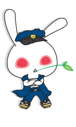 Rule 34 | rabbit, chibi, crossed arms, crossover, full body, gakkatsu!, geta, glowing, glowing eyes, hat, mouth hold, no humans, open clothes, open shirt, peaked cap, shirt, solo, white background