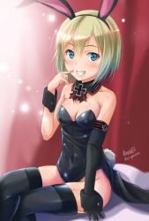 Rule 34 | 1girl, animal ears, artist name, asymmetrical gloves, bare shoulders, black leotard, black thighhighs, breasts, cleavage, coattails, cross, detached collar, elbow gloves, erica hartmann, fake animal ears, fake tail, gloves, grin, haruhata mutsuki, iron cross, leotard, looking at viewer, playboy bunny, rabbit ears, rabbit tail, short hair, signature, sitting, small breasts, smile, solo, strapless, strapless leotard, strike witches, tail, thighhighs, twitter username, uneven gloves, world witches series, wrist cuffs