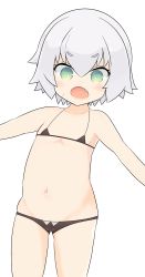 Rule 34 | 1girl, bikini, black bikini, blush, child, collarbone, cowboy shot, facial scar, fang, fate/apocrypha, fate (series), female focus, flat chest, ganbear (gansan10582), green eyes, highres, jack the ripper (fate/apocrypha), looking at viewer, micro bikini, navel, open mouth, outside border, scar, scar on cheek, scar on face, silver hair, solo, standing, swimsuit, v-shaped eyebrows, white background