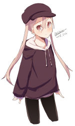 Rule 34 | 1girl, black pants, blush, brown eyes, brown hat, brown hoodie, cabbie hat, closed mouth, collarbone, dated, drawstring, hair between eyes, hat, hood, hood down, hoodie, light brown hair, long hair, long sleeves, maze (gochama ze gohan), original, pants, signature, simple background, sketch, sleeves past wrists, solo, twintails, very long hair, white background