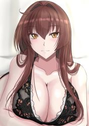 Rule 34 | 1girl, absurdres, black bra, blush, bra, breasts, brown hair, cleavage, collarbone, crossed arms, hair down, highres, kantai collection, ken (shutenndouji1), large breasts, long hair, looking at viewer, smile, solo, underwear, upper body, yamato (kancolle), yellow eyes