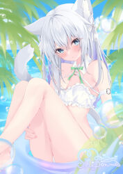 Rule 34 | 1girl, animal ears, bikini, blue eyes, breasts, cat ears, cat girl, cat tail, colored inner hair, commentary, day, detached collar, expressionless, innertube, long hair, looking at viewer, moizumi shipon, multicolored hair, ocean, original, outdoors, palm leaf, purple hair, signature, small breasts, soap bubbles, swim ring, swimsuit, tail, two-tone hair, white bikini, white hair