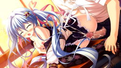 Rule 34 | 1girl, blue hair, blush, breasts, censored, closed eyes, collarbone, cum, game cg, hair ornament, long hair, luluna, magical marriage lunatics!!, moonstone, nipples, open mouth, penis, ribbon, thighhighs, twintails, yamakaze ran