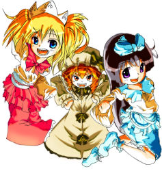Rule 34 | 3girls, blue eyes, blunt bangs, bow, brown hair, dress, drill hair, female focus, frills, hat, long hair, long sleeves, luna child, multiple girls, open mouth, orange hair, perfect memento in strict sense, purple eyes, skirt, star sapphire, sunny milk, touhou, twin drills, twintails, white background, yae (mono110)