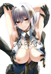 Rule 34 | 1girl, armpits, arms up, azur lane, bad id, bad pixiv id, blush, braid, grabbing another&#039;s breast, breasts, breasts out, china dress, chinese clothes, closed mouth, disembodied limb, dress, flower, garter straps, grabbing, grey dress, hair flower, hair ornament, highres, inverted nipples, large breasts, looking at viewer, neckwear between breasts, nicky w, nipples, official alternate costume, red eyes, revealing clothes, short hair, side braid, side slit, silver hair, sirius (azur lane), sirius (azure horizons) (azur lane)