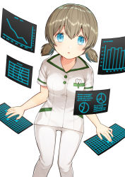 Rule 34 | 1girl, :o, blue eyes, collared shirt, fingernails, hair between eyes, holographic interface, kurata rine, light brown hair, long hair, low twintails, original, pants, parted lips, shirt, short sleeves, simple background, sitting, solo, twintails, white background, white pants, white shirt