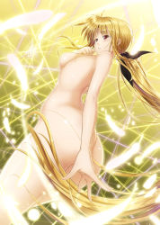 Rule 34 | 1girl, absurdres, ass, bardiche (nanoha), bardiche (standby form) (nanoha), black bow, blonde hair, bow, breasts, fate testarossa, feathers, floating hair, hair bow, highres, long hair, lyrical nanoha, mahou shoujo lyrical nanoha strikers, medium breasts, mikuni mizuki, nude, outstretched arm, ponytail, red eyes, shiny skin, solo, very long hair, white feathers, yellow background