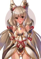 Rule 34 | 1girl, :o, absurdres, animal ears, arms behind back, bare shoulders, blush, breasts, cawang, chest jewel, cowboy shot, detached sleeves, eyes visible through hair, gluteal fold, highleg, highleg leotard, highres, leotard, long hair, low twintails, nia (blade) (xenoblade), nia (xenoblade), silver hair, simple background, small breasts, solo, spoilers, twintails, very long hair, white background, xenoblade chronicles (series), xenoblade chronicles 2, yellow eyes