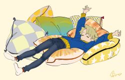 Rule 34 | 1boy, blonde hair, blue sweater, child, closed eyes, closed mouth, denim, finn oldman, from side, full body, hands up, high card, jeans, lying, male focus, mojisan (ebimo), on back, on cushion, pants, parted bangs, short hair, signature, simple background, socks, solo, stretching, sweater, white socks