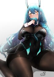 Rule 34 | 1girl, animal ears, azur lane, black leotard, black pantyhose, blue hair, bodystocking, boise (azur lane), boise (sheepish sapphire) (azur lane), breasts, covering own mouth, detached sleeves, e-xademax, fake animal ears, holding, holding own hair, large breasts, leotard, light blue hair, long hair, looking at viewer, mechanical ears, official alternate costume, pantyhose, playboy bunny, rabbit ears, signature, simple background, strapless, strapless leotard, white background, wrist cuffs, yellow eyes